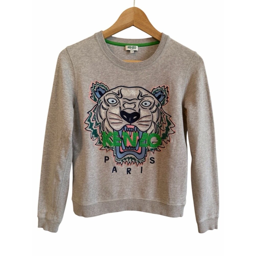 Kenzo Paris Gray Cotton Crew Long Slv Embroidered Tiger Sweatshirt Women Size S
